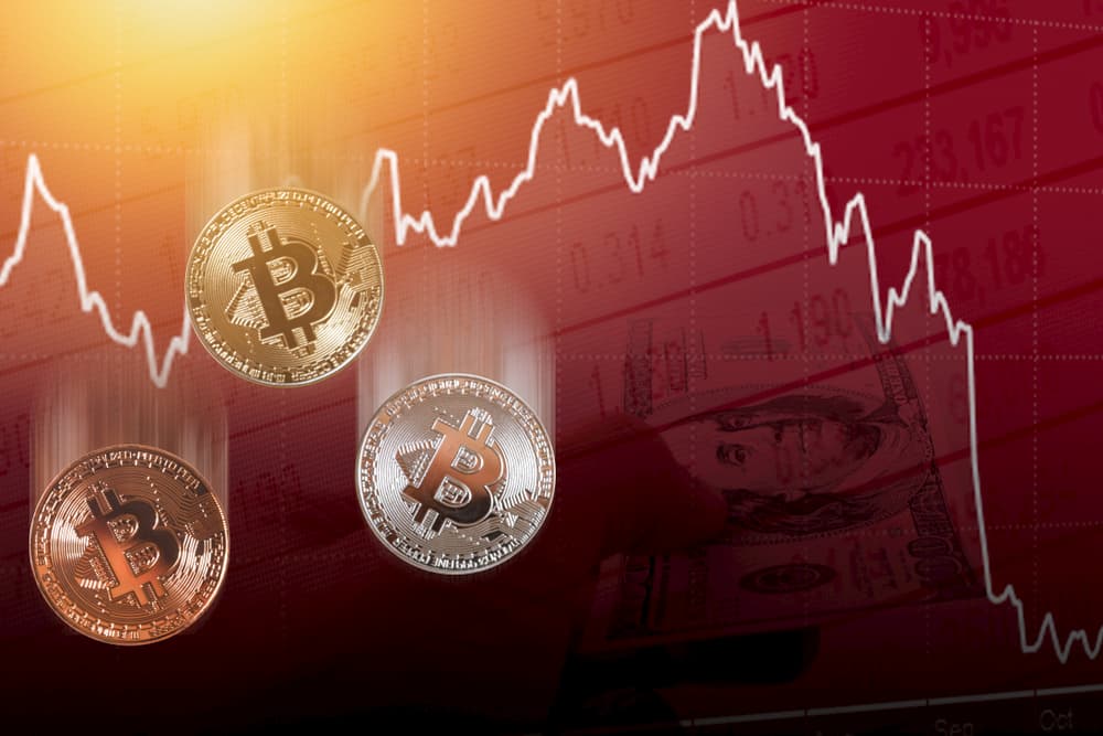 Bitcoin coins and trading chart with price performance.