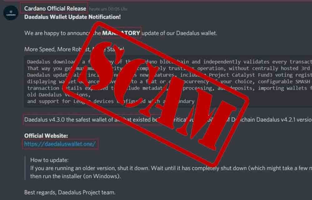 Scammers target Cardano's Daedalus wallet to defraud ADA holders on Discord