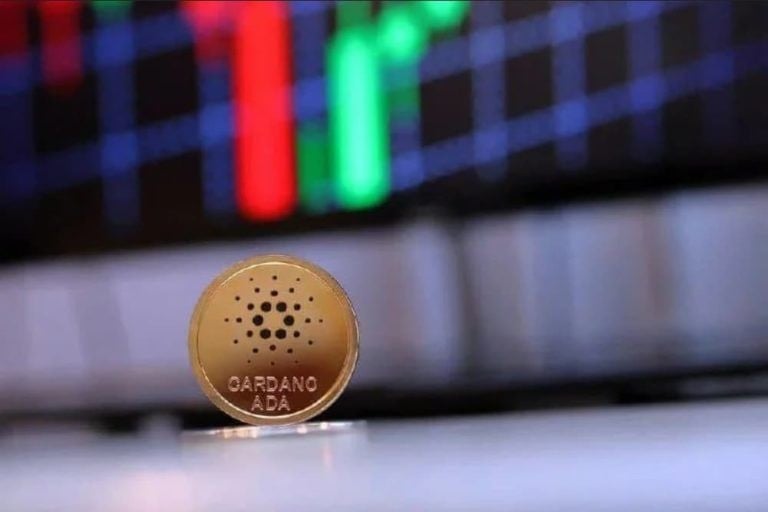 Image of cardano coin with price chart behind it