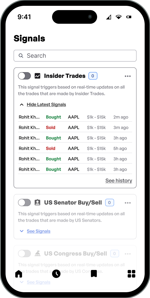 Insider trade signals mobile mock