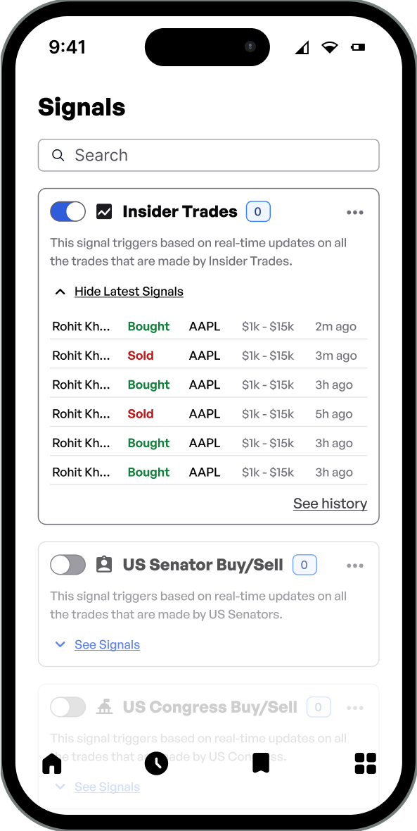 Insider trade signals mobile mock