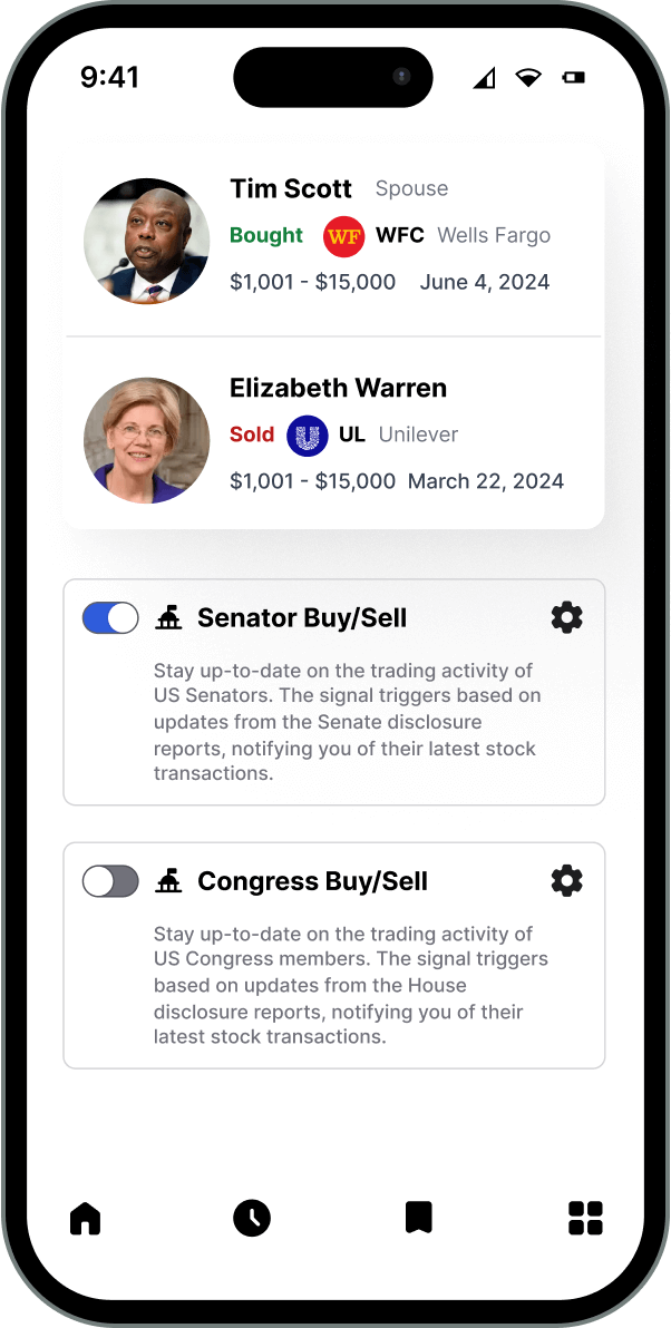 Senator trade signals mobile mock