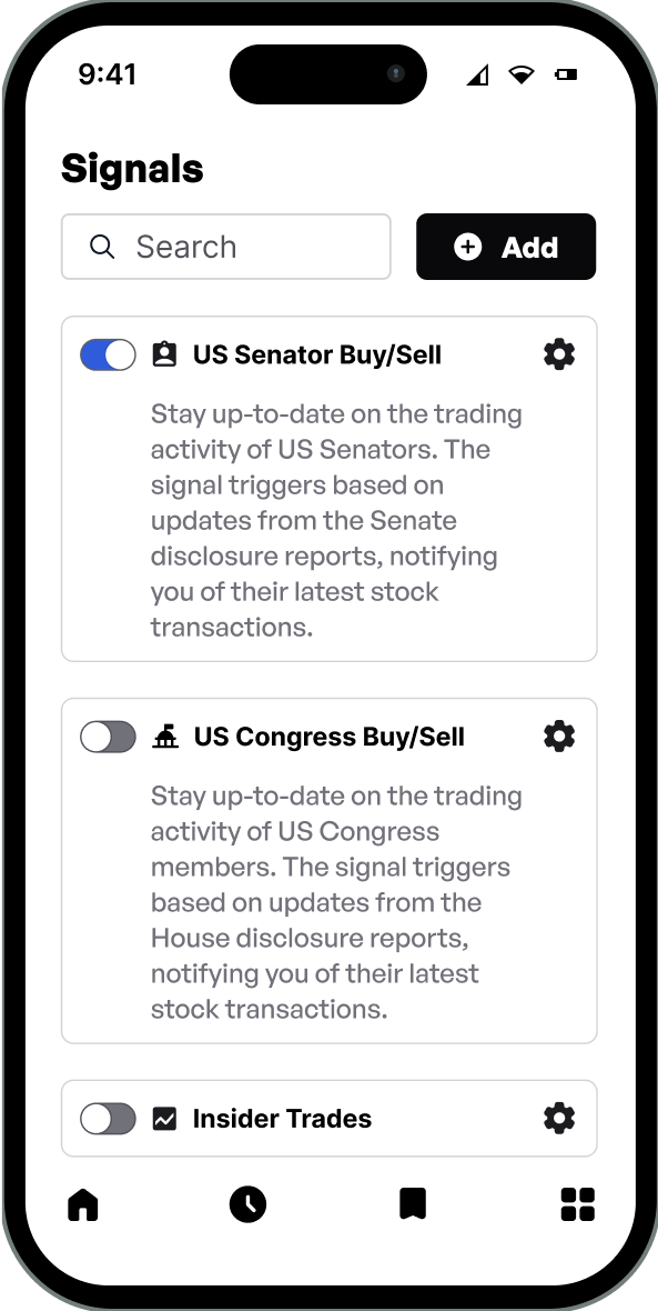 Senator trade signals mobile mock