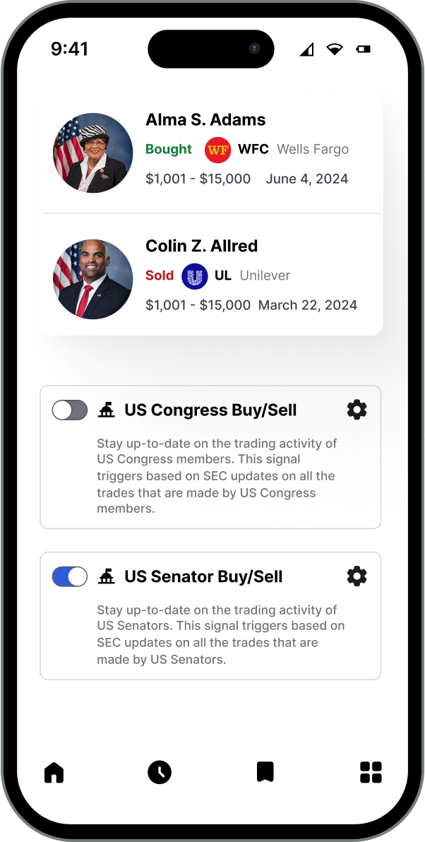 Senator trade signals mobile mock