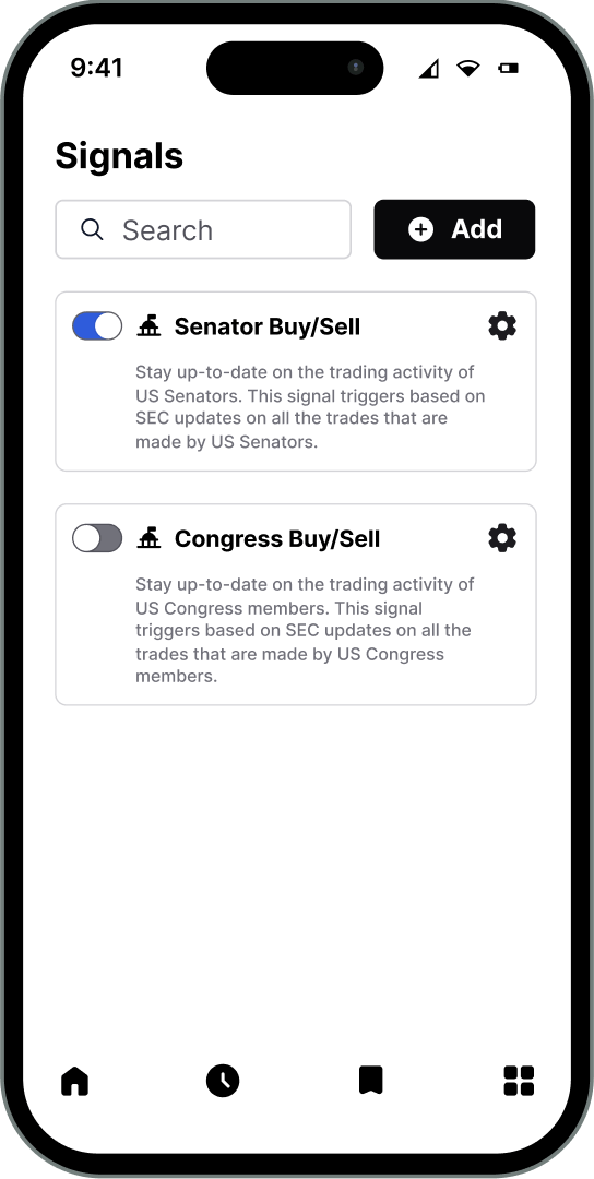 Senator trade signals mobile mock